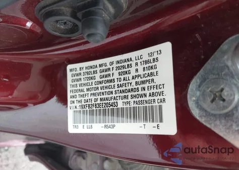 2014 Honda Civic Sedan Ex z USA, uszkodzony, nr VIN 19XFB2F83EE205453